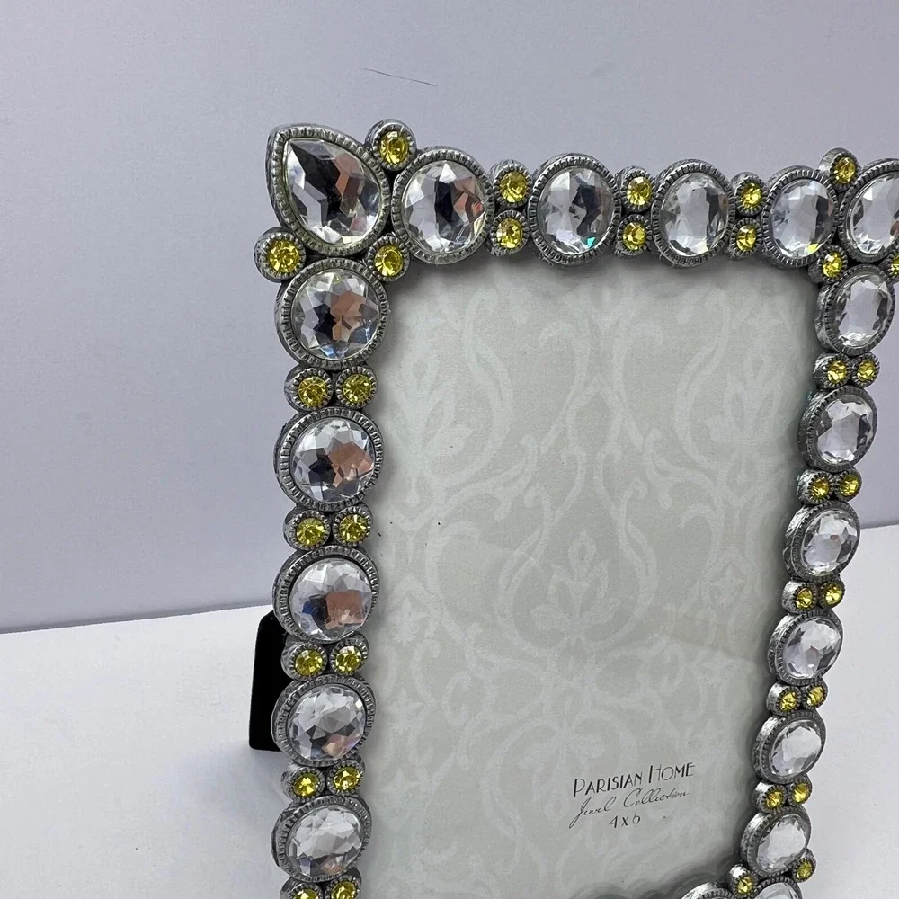 Bejeweled Rhinestone 4x6 Picture Frame Clear and Yellow Glam Hollywood Regency